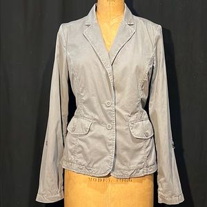 Eddie Bauer grey cotton blazer w/roll-sleeve tab/drawstring back/2 flap pockets